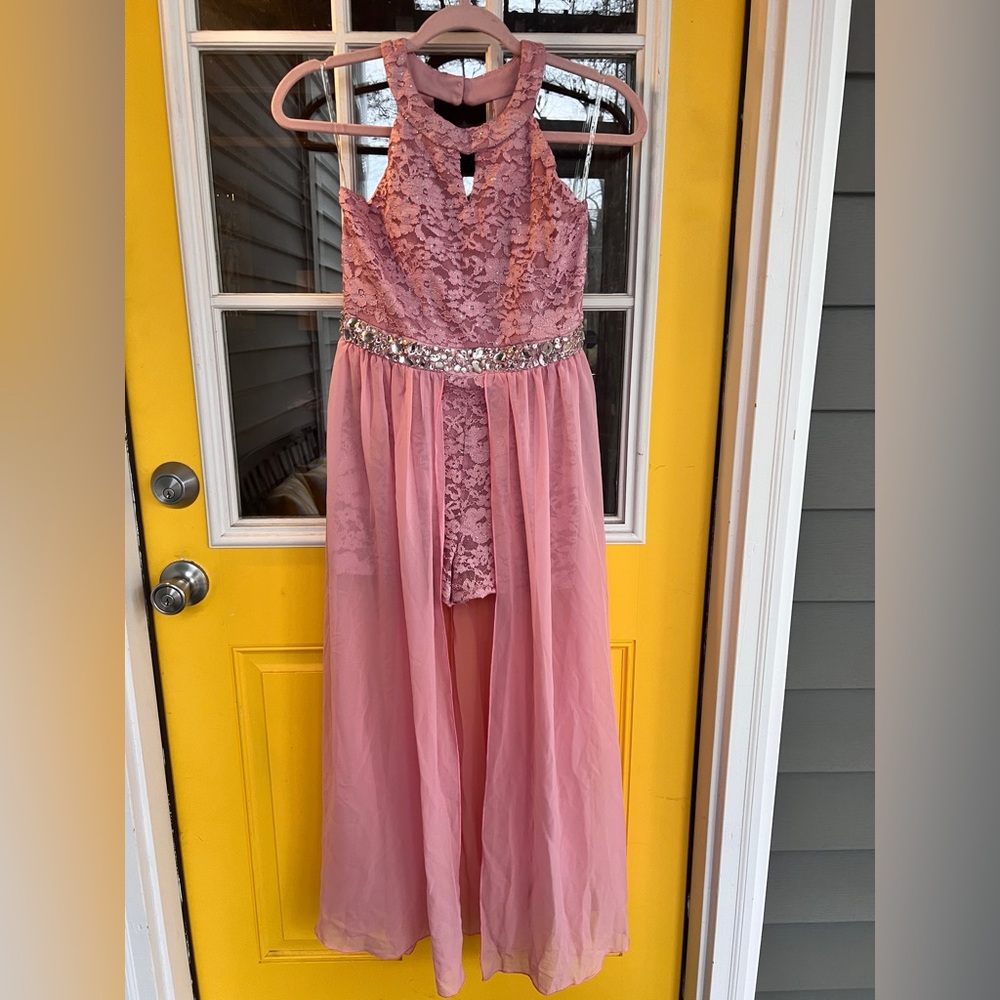 Elegant Pink Lace Big Kids Walk Through Romper, Size 16 NWT